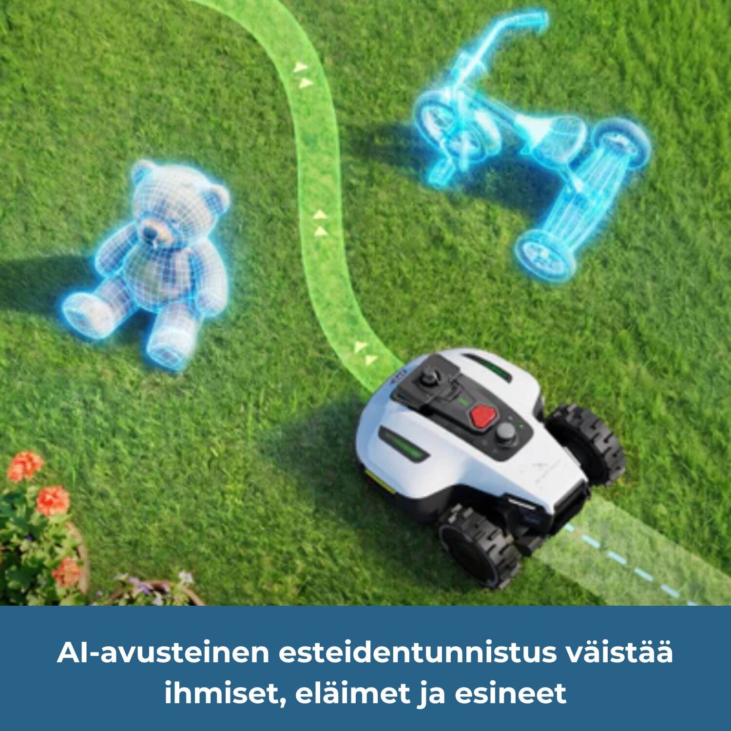 mammotion-yuka-mini-2-lidar-vision-rajalangaton-robottiruohonleikkuri tunnistaa jopa 300 erilaista estettä, esinettä ja eläintä AI-kamerajärjestelmän avulla ja väistää ne. Kuvassa robottiruohonleikkuri tunnistaa ja väistää lasten polkupyörän ja pehmonallen nurmella.