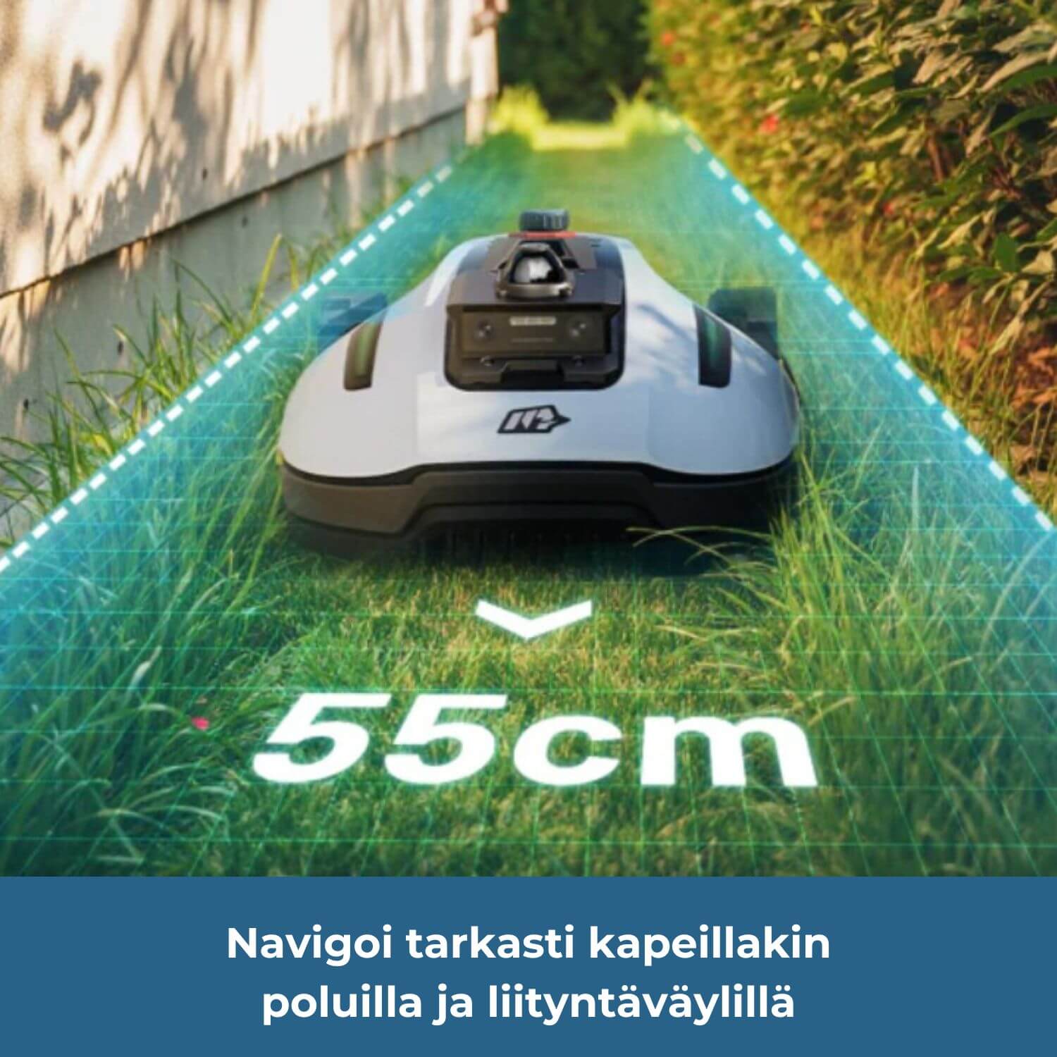 mammotion-yuka-mini-2-lidar-vision-rajalangaton-robottiruohonleikkuri navigoi tarkasti kapeillakin, vähintään 55cm levyisillä, poluilla ja liityntäväylillä.