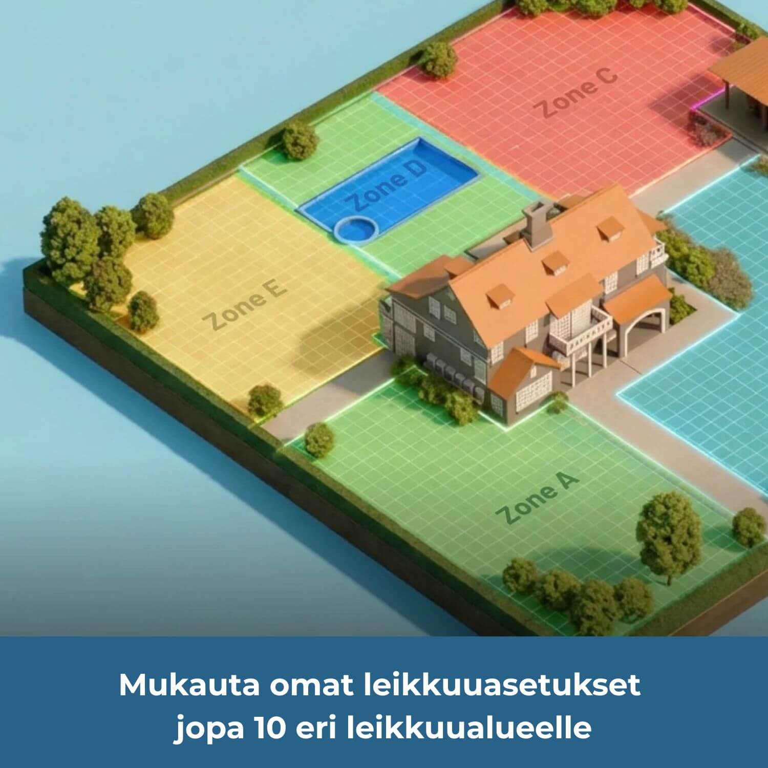 mammotion-yuka-mini-2-lidar-vision-rajalangaton-robottiruohonleikkurin sovelluksessa voi mukauttaa omat leikkuuasetukset jopa 10 eri vyöhykkeelle/leikkuualueelle.