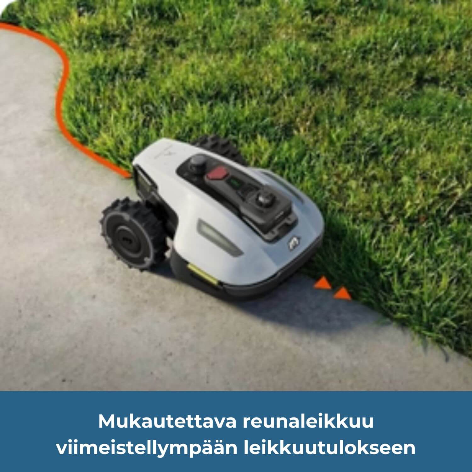 mammotion-yuka-mini-2-lidar-vision-rajalangaton-robottiruohonleikkurin reunaleikkuu-asetuksia voidaan säätää viimeistellympään leikkuutulokseen. Kuvassa robotti etenee kivetyksen ja nurmialueen reunan päällä, jolloin leikkuu tapahtuu mahdollisimman läheltä rajaa.