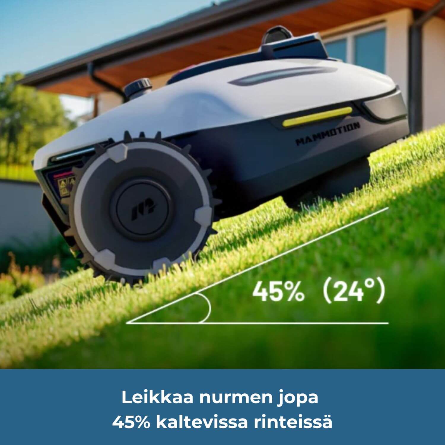 mammotion-yuka-mini-2-lidar-vision-rajalangaton-robottiruohonleikkuri leikkaa nurmea jopa 45% (24 astetta) kaltevuuskulman rinteissä.