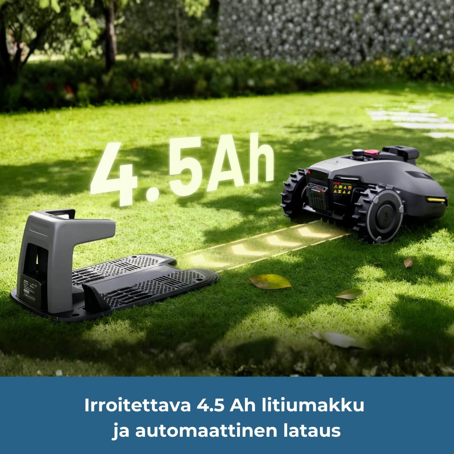 mammotion-yuka-mini-2-rtk-vision-rajalangaton-robottiruohonleikkurissa on irroitettava 4.5 Ah litiumakku ja automaattinen lataustoiminto, eli robotti palaa latausasemaan omatoimisesti akun loppuessa.