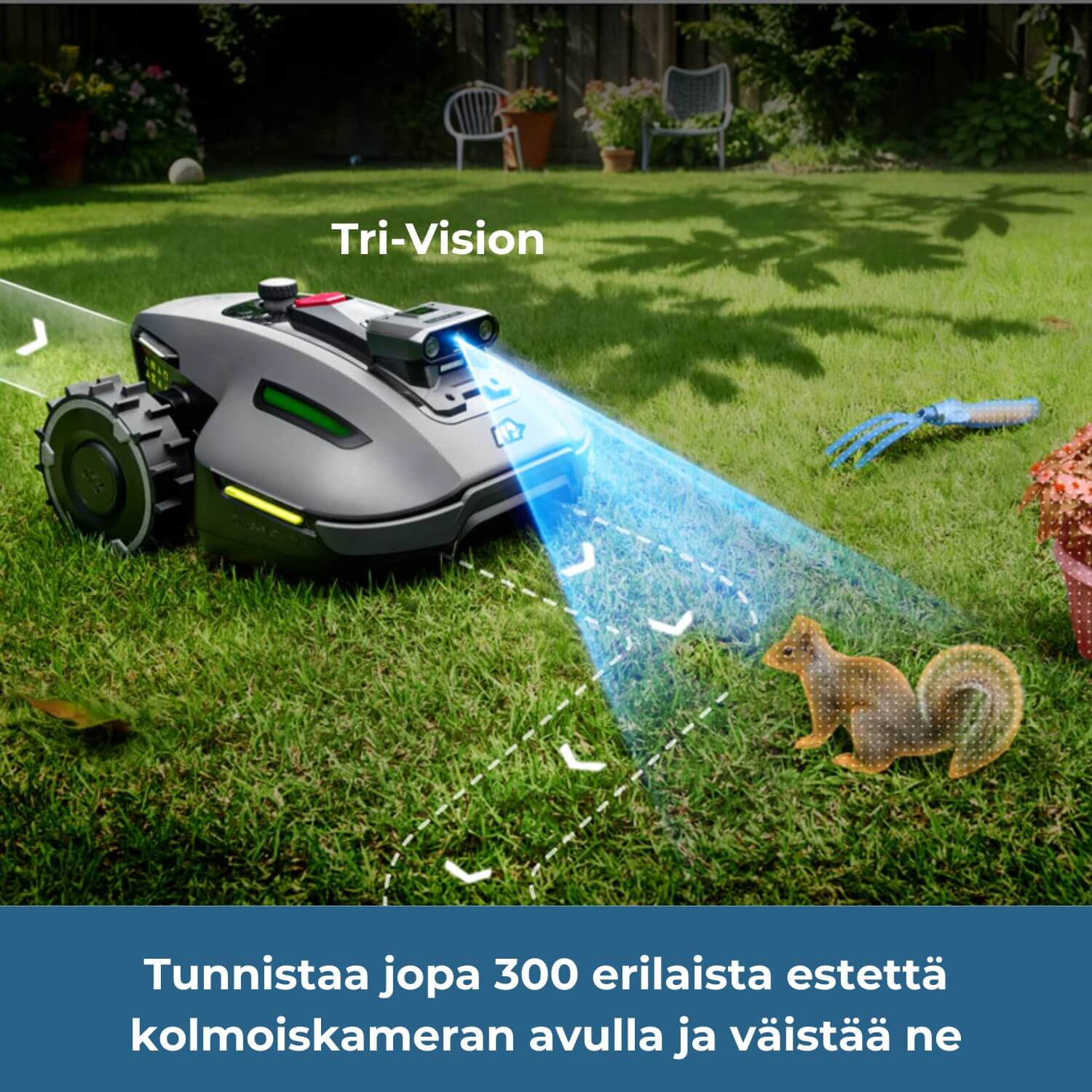 mammotion-yuka-mini-2-rtk-vision-rajalangaton-robottiruohonleikkuri tunnistaa jopa 300 erilaista estettä, esinettä ja eläintä Tri-Vision kolmoiskamerajärjestelmän avulla ja väistää ne. Kuvassa robottiruohonleikkuri tunnistaa ja väistää oravan ja puutarhatarvikkeita nurmella.