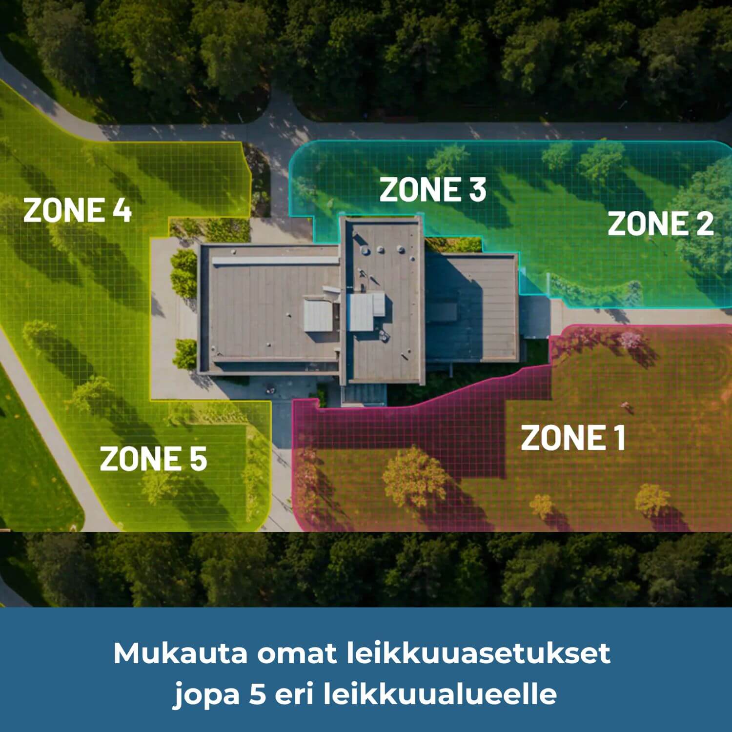 mammotion-yuka-mini-2-rtk-vision-rajalangaton-robottiruohonleikkurilla voi hallita jopa 5 eri leikkuualuetta, joille voi mukauttaa omat leikkuuasetukset.
