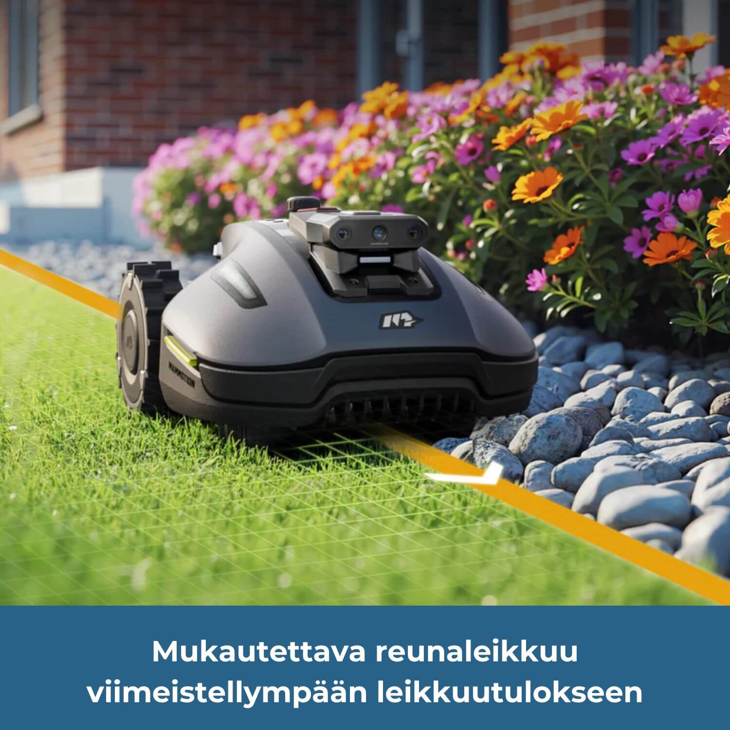 mammotion-yuka-mini-2-rtk-vision-rajalangaton-robottiruohonleikkurin reunaleikkuu-asetuksia voidaan säätää viimeistellympään leikkuutulokseen. Kuvassa robotti etenee kivetyksen ja nurmialueen reunan päällä, jolloin leikkuu tapahtuu mahdollisimman läheltä rajaa.