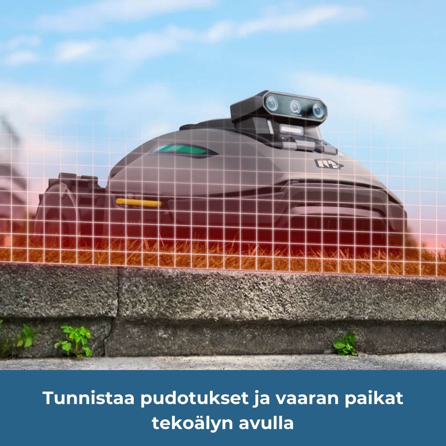 mammotion-yuka-mini-2-rtk-vision-rajalangaton-robottiruohonleikkuri tunnistaa pudotukset ja vaaran paikat tekoälyn avulla ja välttää ne tekemällä virtuaalisia turva-aitoja.