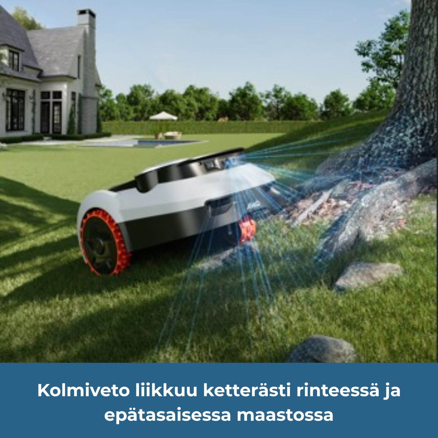 segway navimow i2E lidar pro -robottiruohonleikkuri on kolmiveto, joten se liikkuu ketterästi rinteessä ja epätasaisessa maastossa.