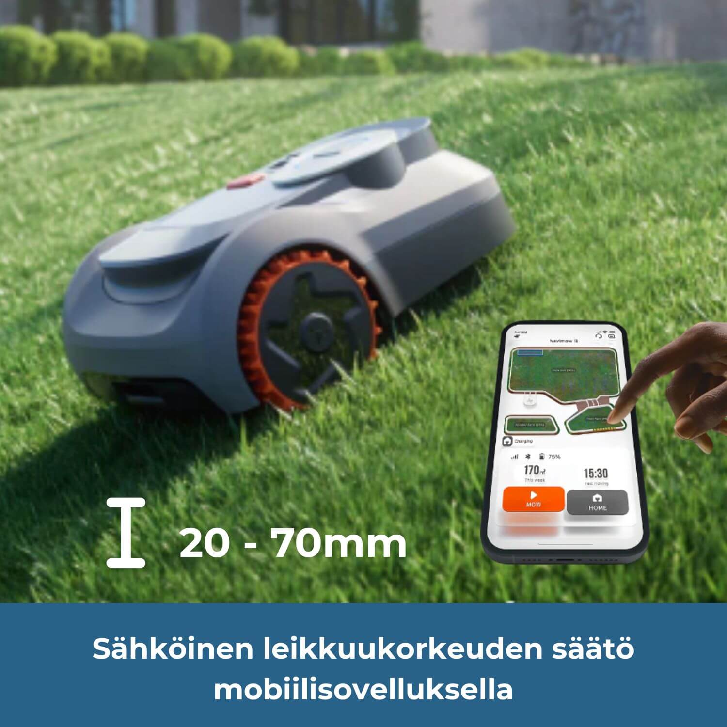 segway navimow i2E lidar pro -robottiruohonleikkurissa on sähkösäädettävä leikkuukorkeus 20 -70 mm välillä mobiilisovelluksesta.