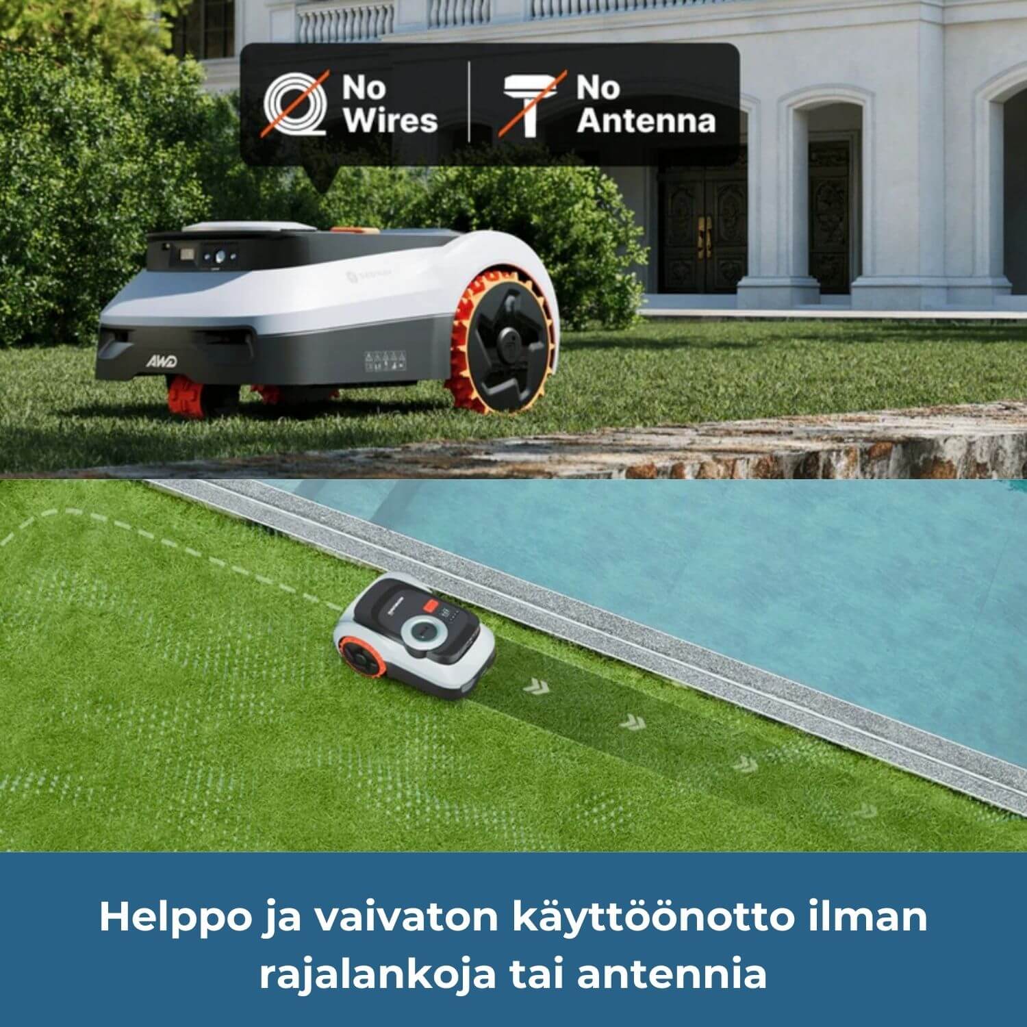 segway navimow i2E lidar pro -robottiruohonleikkurin käyttöönotto on helppo ja vaivaton ilman rajalankoja tai antennia. Robotti tunnistaa automaattisesti nurmialueen rajat.