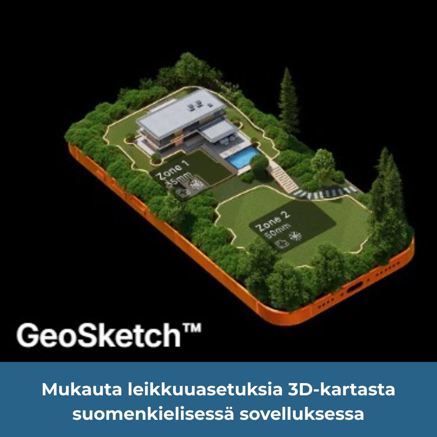 segway navimow i2E lidar pro -robottiruohonleikkurin mobiilisovelluksesta voi mukauttaa leikkuualueita ja niiden asetuksia robotin piirtämästä virtuaalisesta GeoSketch 3D-kartasta.