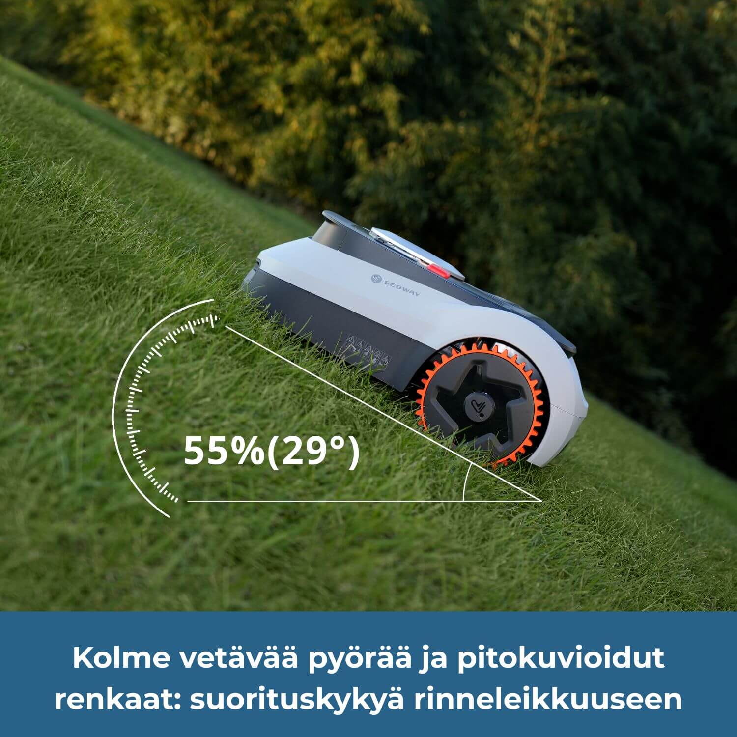 segway navimow i2E lidar pro -robottiruohonleikkurissa on kolme vetävää pyörää (AWD) ja pitokuvioidut renkaat, jotka uovat suorituskykyä rinneleikkuuseen jopa 55% (29 astetta) kaltevuuksien rinteisiin.