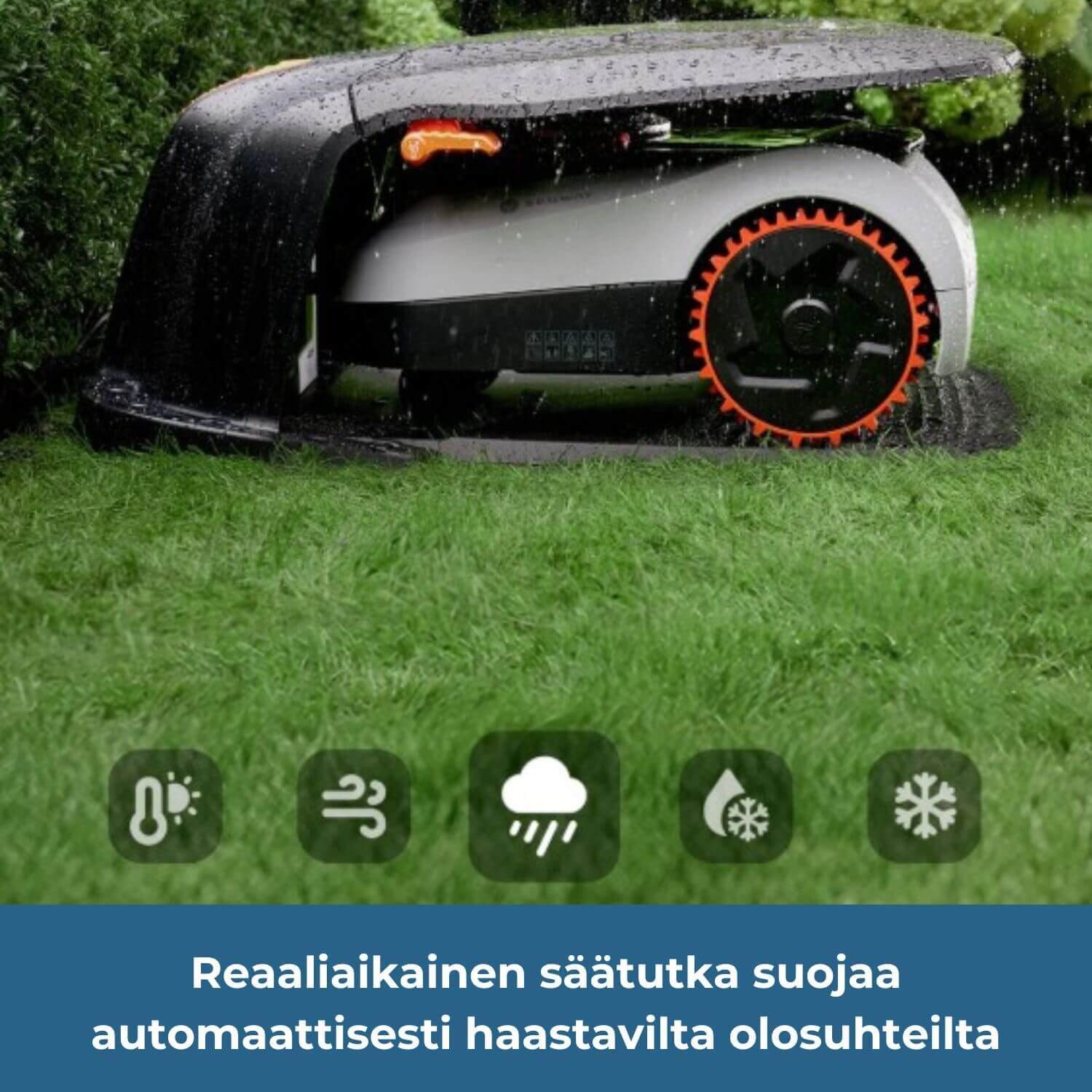 segway navimow i2E lidar pro robottiruohonleikkurissa on reaaliajassa säätietoja seuraava säätutka, joka suojaa robottia automaattisesti haastavilta sääolosuhteilta kuten sateelta, kuumuudelta, kovalta tuulelta, lumelta ja pakkaselta.