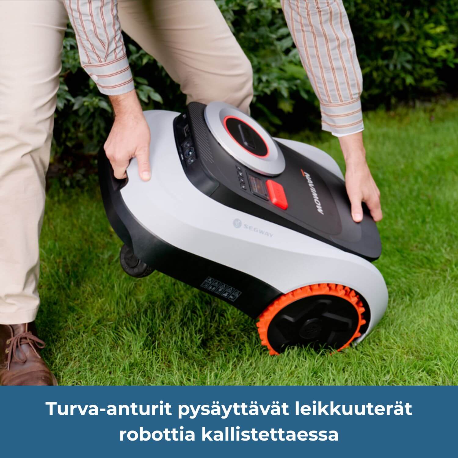 Turva-anturit pysäyttävät leikkuuterät robottia kallistettaessa.