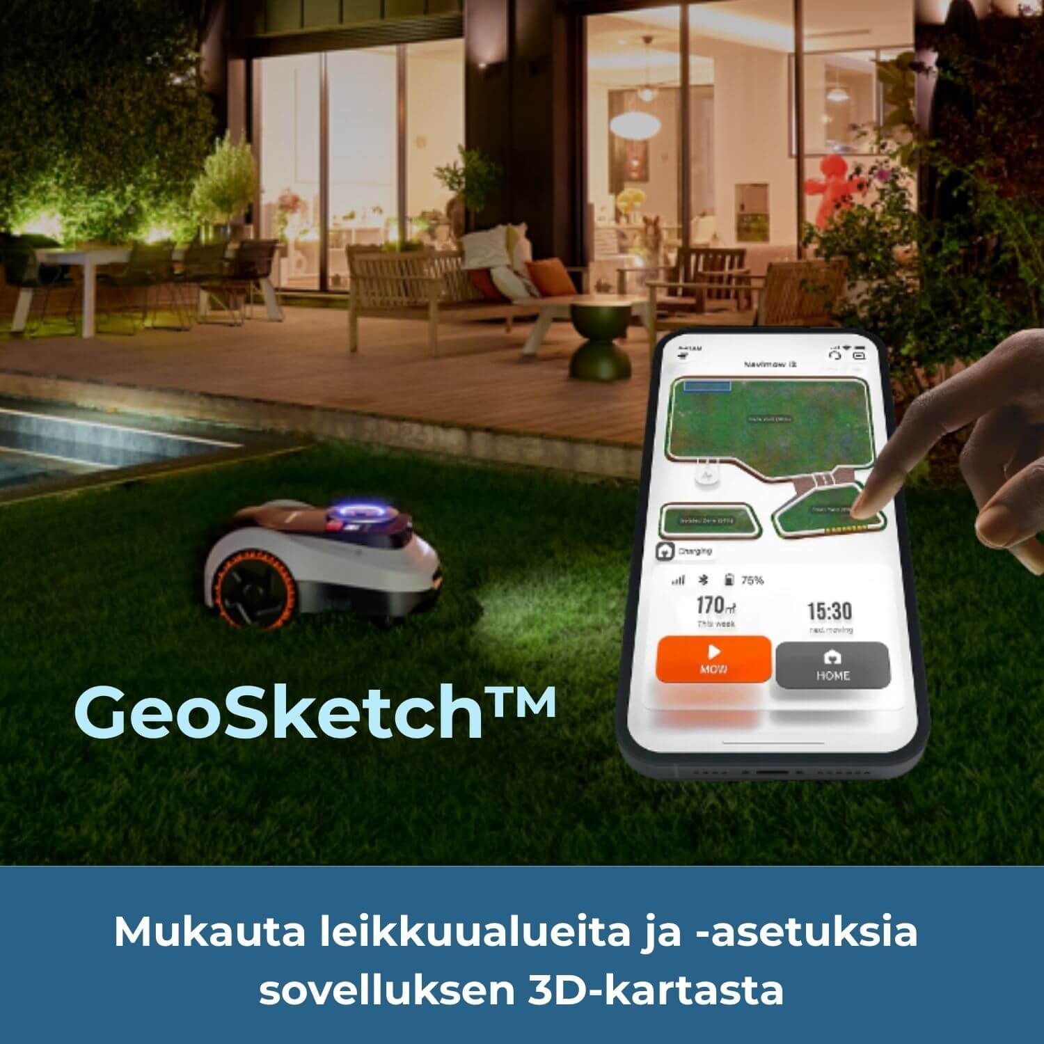 segway navimow i2E lidar robottiruohonleikkurin mobiilisovelluksesta voi mukauttaa leikkuualueita ja niiden asetuksia robotin piirtämästä virtuaalisesta GeoSketch 3D-kartasta.