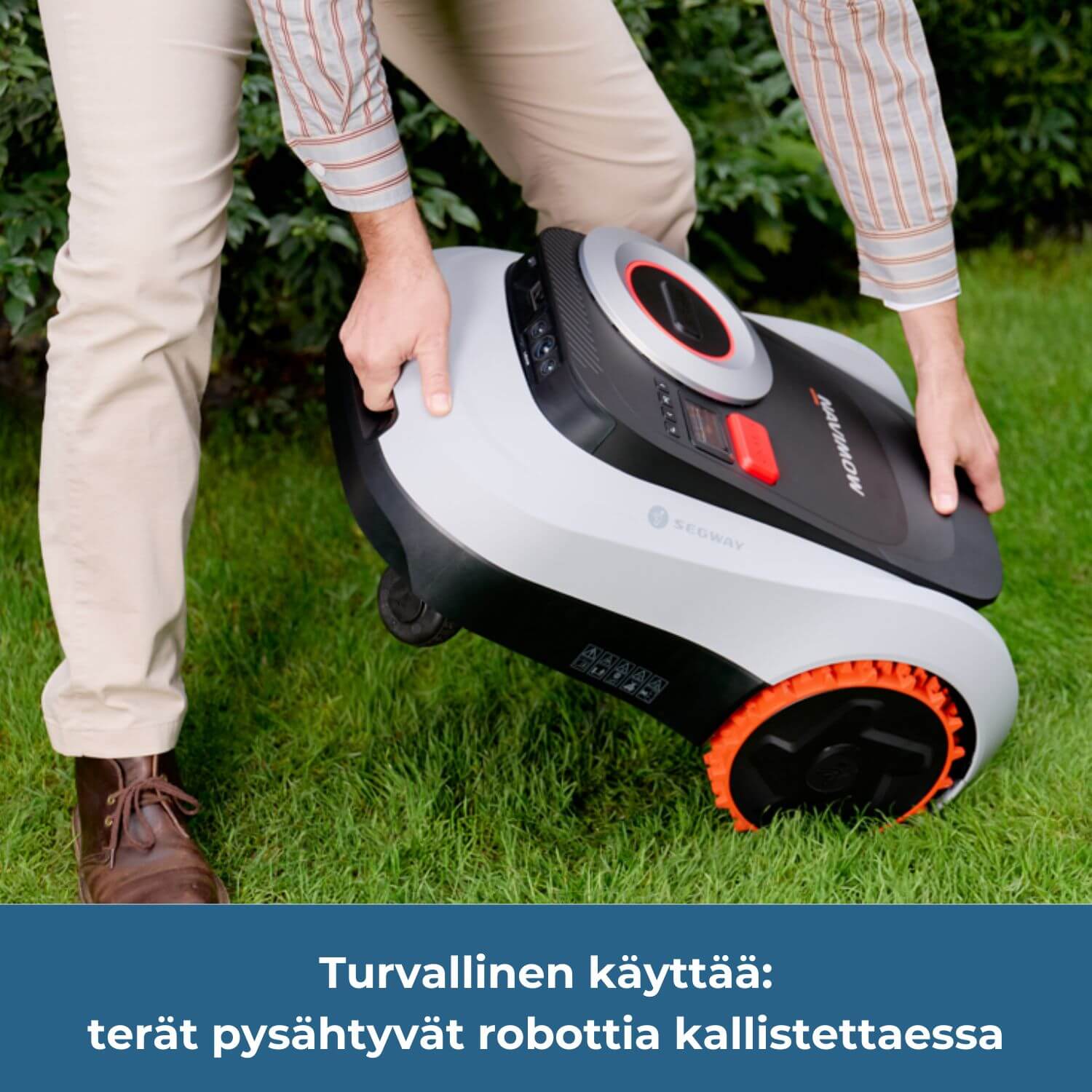 segway navimow i2E lidar robottiruohonleikkuri on turvallinen käyttää, sillä sen terät pysähtyvät robottia kallistettaessa.