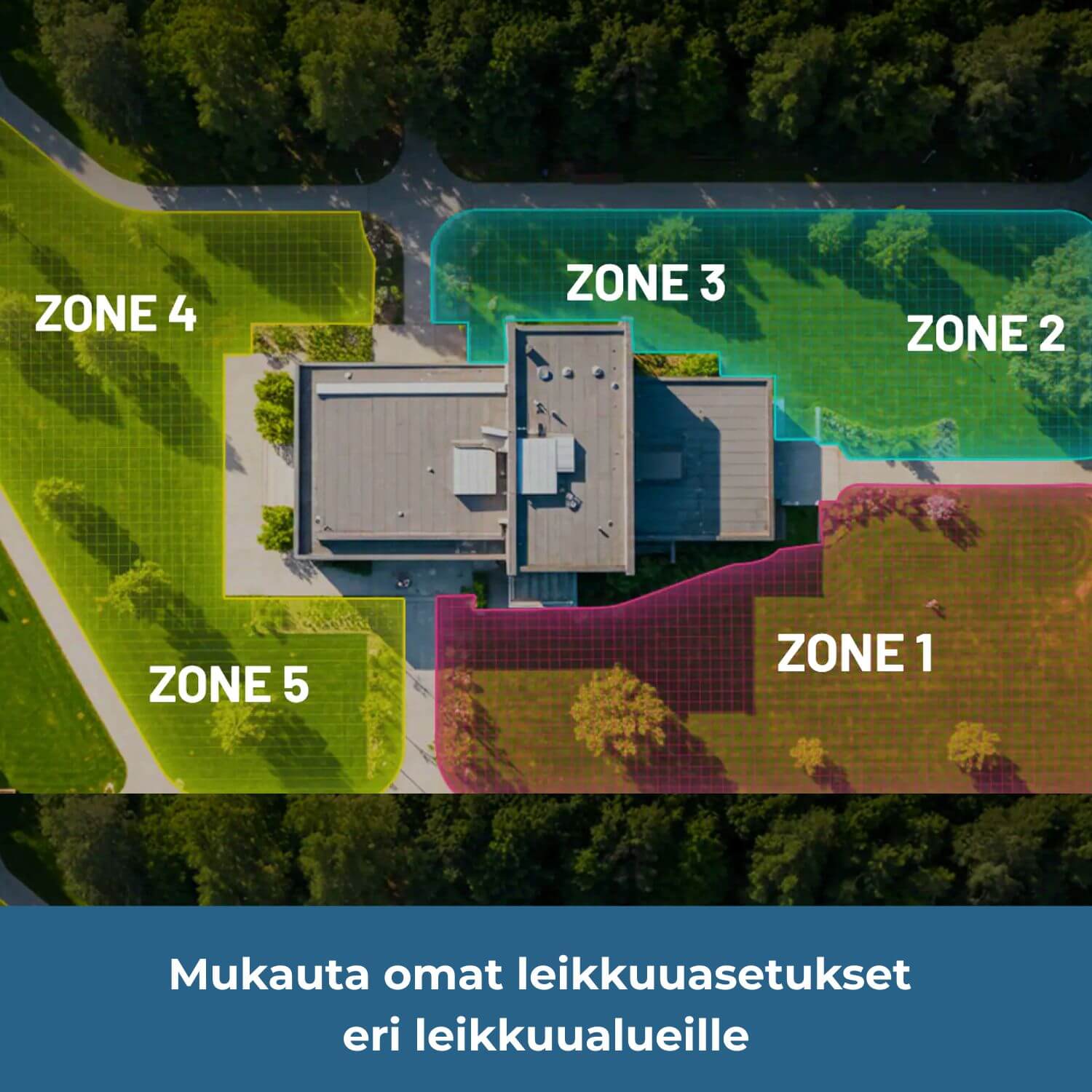 segway navimow i2E lidar robottiruohonleikkurille voi määrittää useita leikkuualueita, joille voi mukauttaa omat leikkuuasetukset.