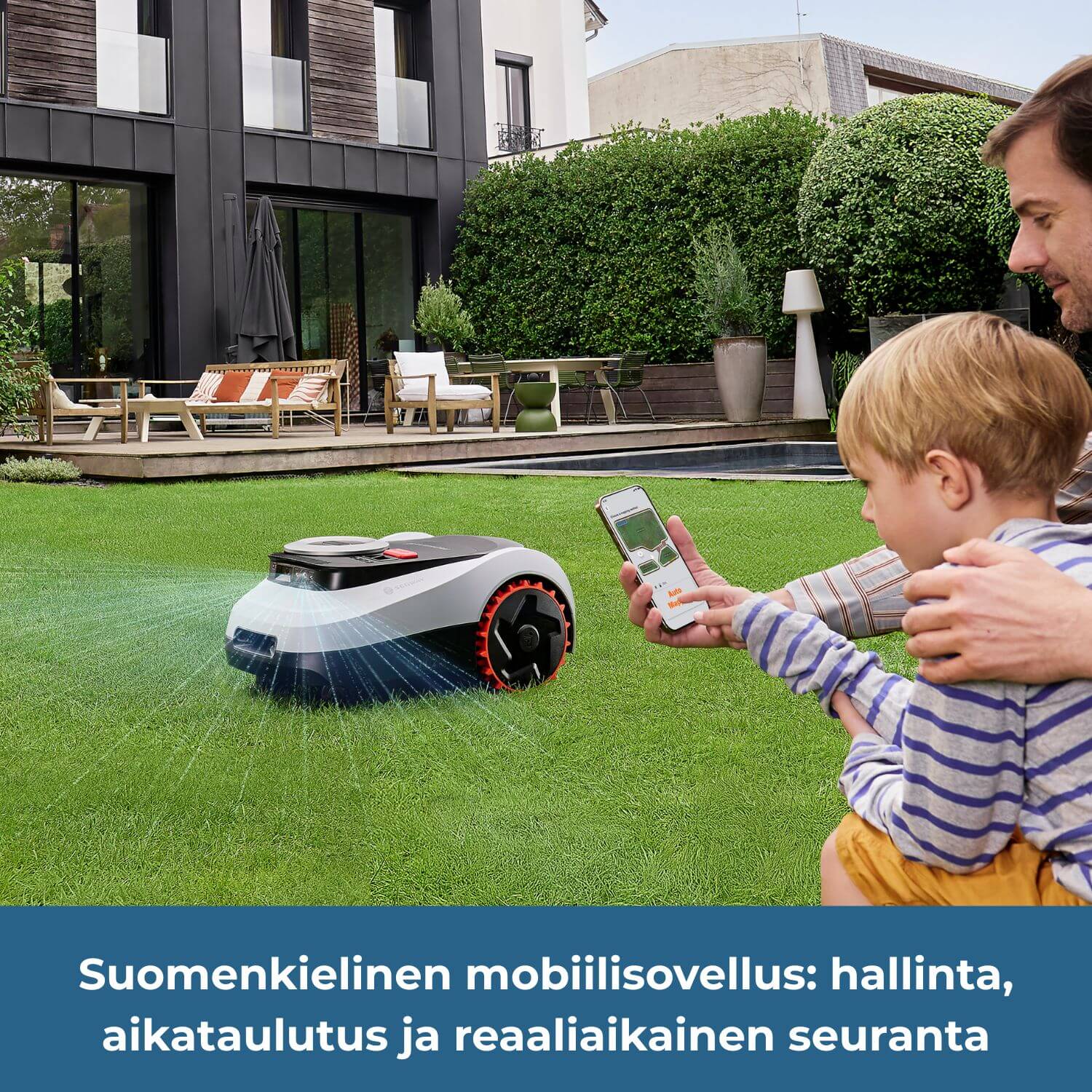 segway navimow i2E lidar rajalangaton robottiruohonleikkuria  LiDAR-tutkaa ja tekoälykameraa hyödyntäväoidaan hallita, aikatauluttaa ja seurata reaaliajassa suomekielisellä mobiilisovelluksella.