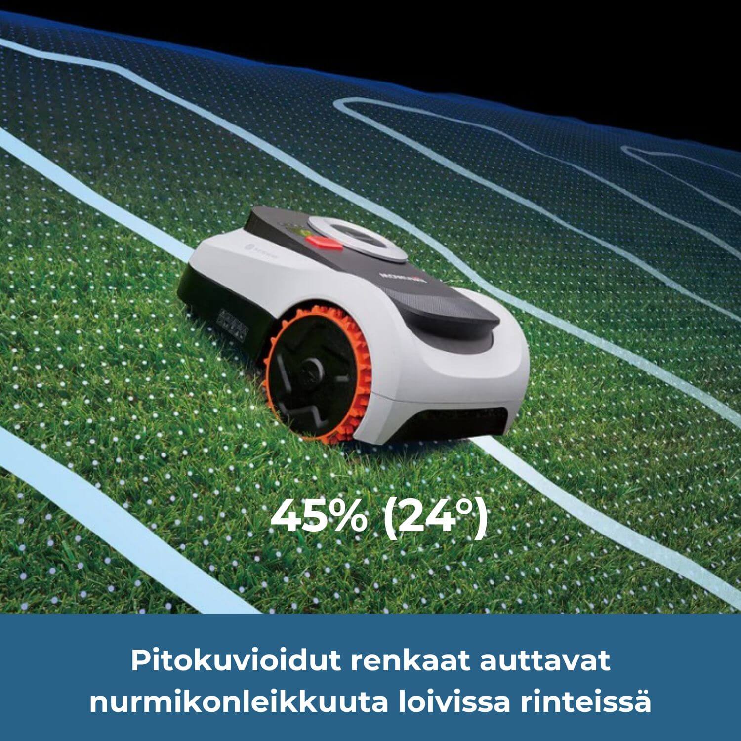 segway navimow i2E lidar rajalangaton robottiruohonleikkuri pystyy leikkaamaan nurmea jopa 45% (24 astetta) kaltevuuskulman rinteissä. Pitokuvioidut renkaat auttavat nurmikonleikkuuta loivissa rinteissä.